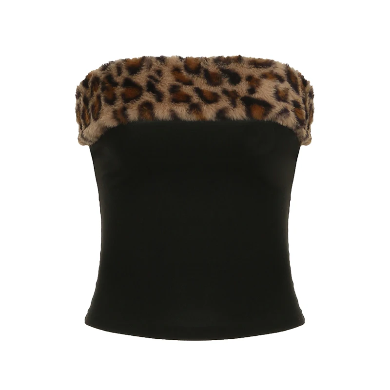 Chaleco sin tirantes con parches peludos de leopardo Y2K para mujer, camiseta sin mangas ajustada sexy a la moda, top corto retro chic sin mangas, ropa de club