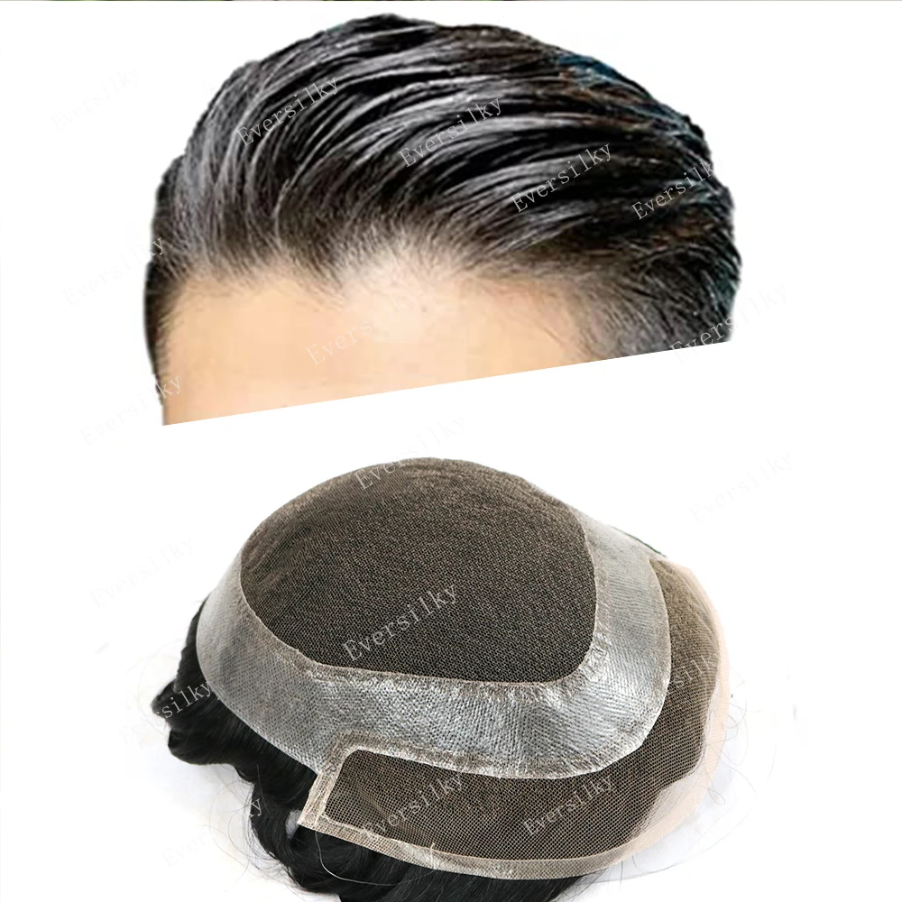 

100% Human Hair Wigs Mens 8x10" Fine French HD Lace Units Man Toupee Natural Hairline 1B20 Natural Color With Grey Prosthesis