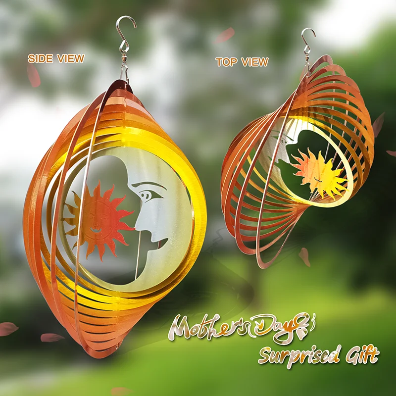 PSATHENATI Wind Spinner 3D Stainless Steel Laser 12in Moon and Sun Hanging Kinetic Yard Art Decorations Indoor/Outdoor