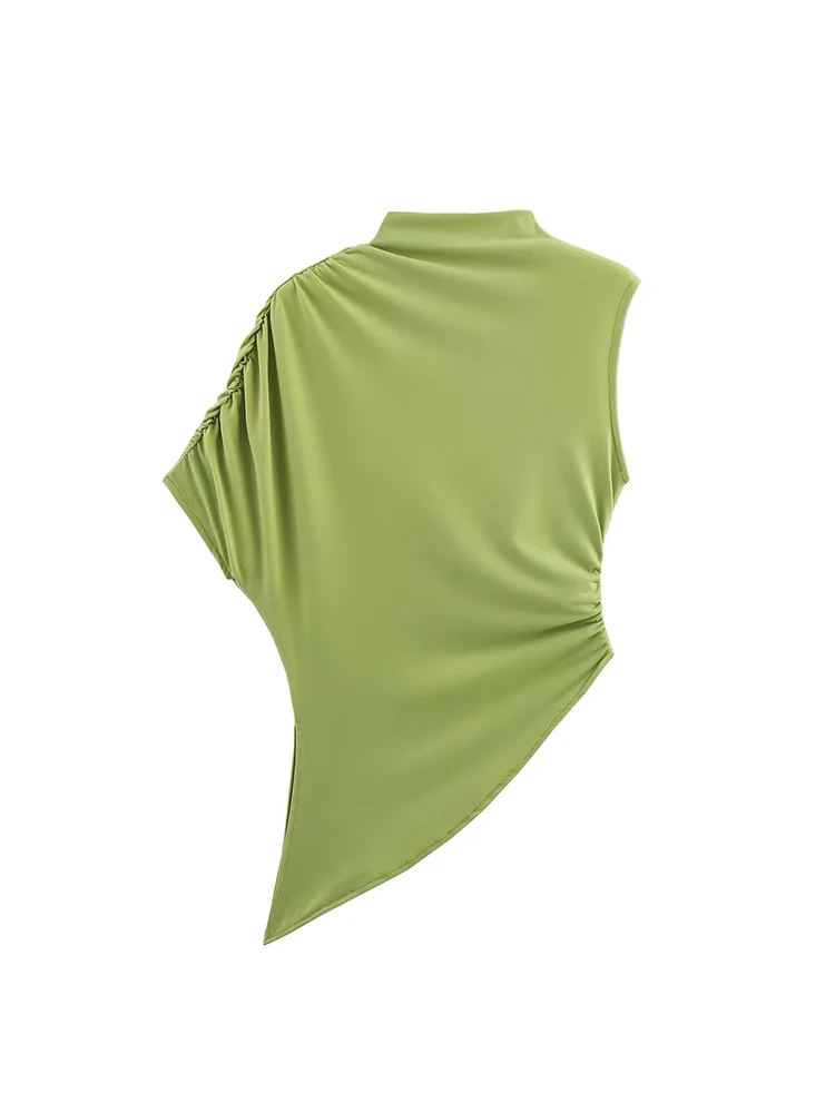 TFMLN Summer Women's Asymmetrical Tee Retro Solid O-Neck Irregular Sleeve Slim Top 2025 New Female Short Streetwear Tops