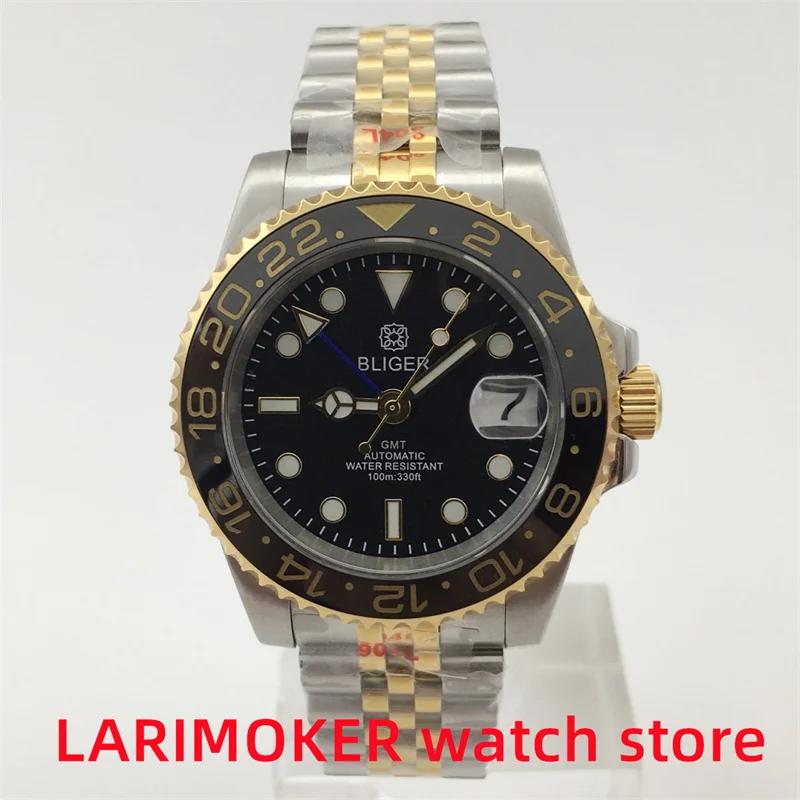 BLIGER 40mmGMT Luxury Men's Mechanical Watch NH34 movement luminous dial sapphire glass silver gold case Jubilee bracelet