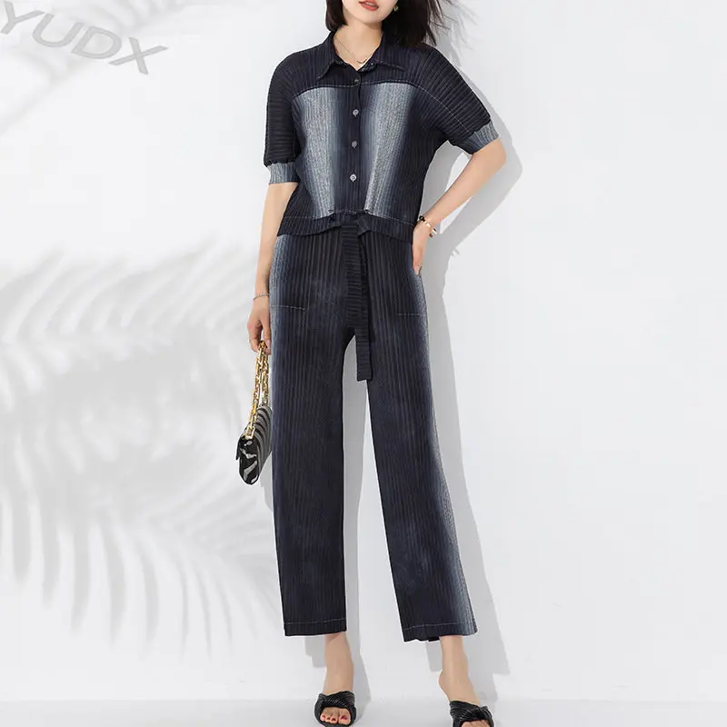 yudx-women-2023-summer-fashion-set-miyake-pleated-large-size-skinny-denim-color-shirt-collar-top-high-waist-drape-straight-pants