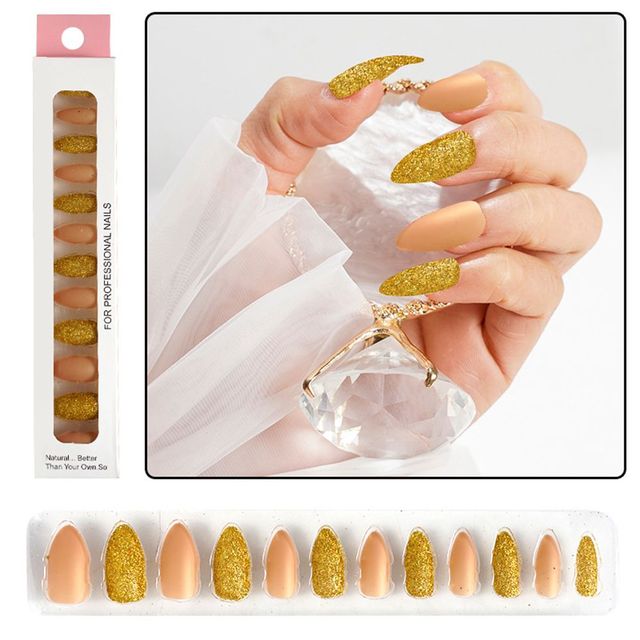 Matte False Nails Nail Art Fake Nails Gel Tips Full Cover Teardrop Shaped Artificial Press Nails Glitter Powder Fake Nails