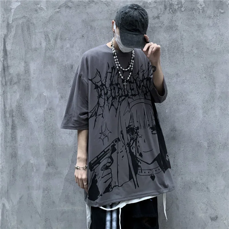 Korean Trend Dark T-Shirt Hip-Hop Graffiti Anime Print