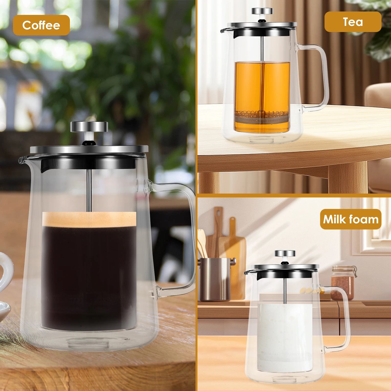 350/650/1000ML French Press Double Wall Glass Coffee Kettle Multi-functional Coffee Pot Clear French Press Tea Milk Pot for Home