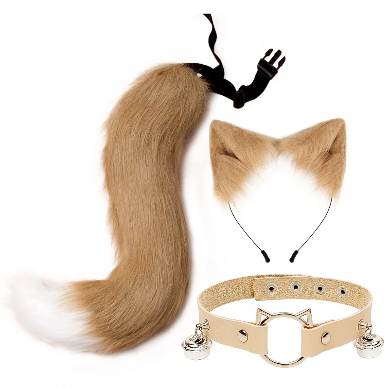

Пушистая повязка на голову с ушками животных, пушистая для кошачьих ушей, обруч для волос, ожерелье, набор для хвоста, кожаный чокер для Хэллоуина, искусственные украшения