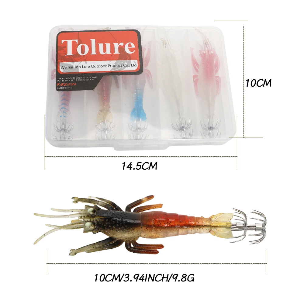 Fishing Lure Glowing Shrimp Seawater Squid&Octopus Lures 9.8g/10cm PVC 5pcs/Pack 5 Colors High Sensitivity Night