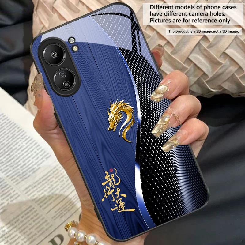 Elegant Black Tempered Glass Phone Case with Traditional Dragon Totem Design