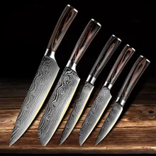 5 Pcs Keukenmes Set Laser Damascus Patroon Professionele Japanse Chef Staal Praktische Vlees Broodmes Keuken Accessoires