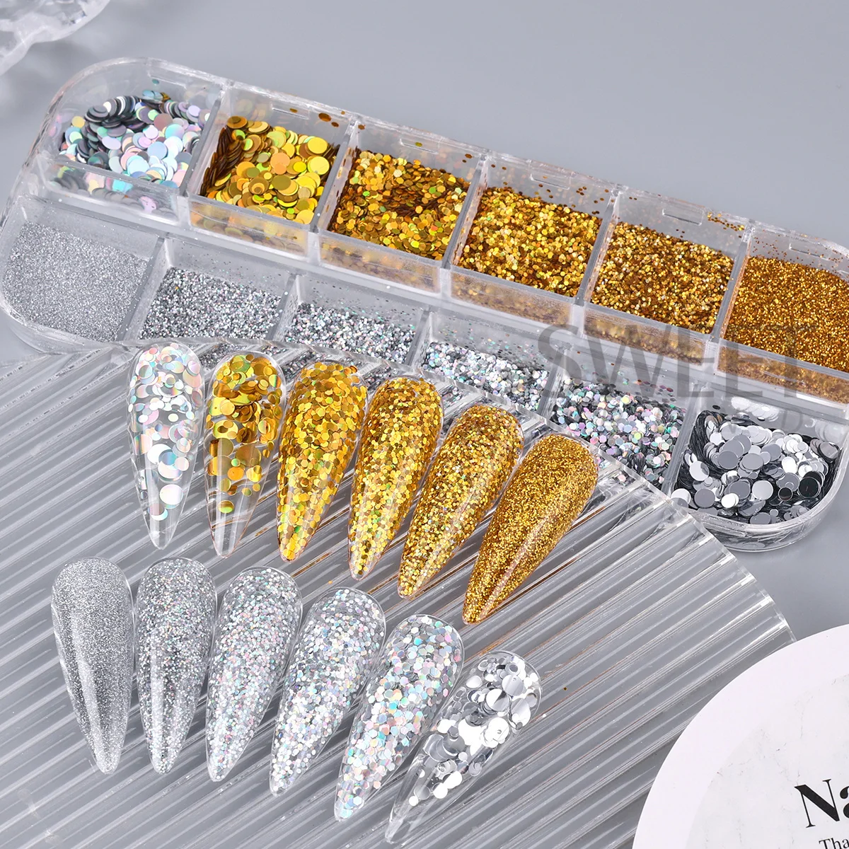 12 Grids Gold Silver Round Nail Glitter Sequins Mirror Circular Slices Spangles Sparkly Powder Gorgeous New Year Manicure Decor