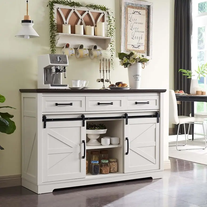 

Farmhouse Buffet Cabinet, 53” Sideboard Cabinet / 3 Drawer, Rustic Storage Cabinet w/Sliding Barn Door, Coffee Bar for Hallway