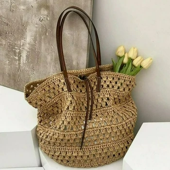 Borsa a tracolla in stile bohémien retrò con tracolla sottobraccio Nuova borsa in paglia intrecciata a mano di grande capacità, perfetta per le vacanze al mare