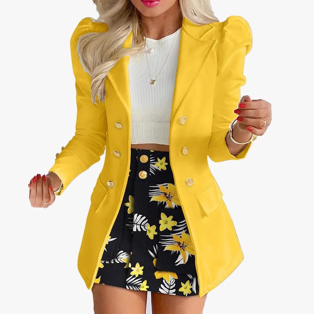 Women's Fall and Winter Long Sleeve Button Solid Color Jacket with Mini Skirt Two-piece Suit Tailleur Femme Blazer and Set Skirt