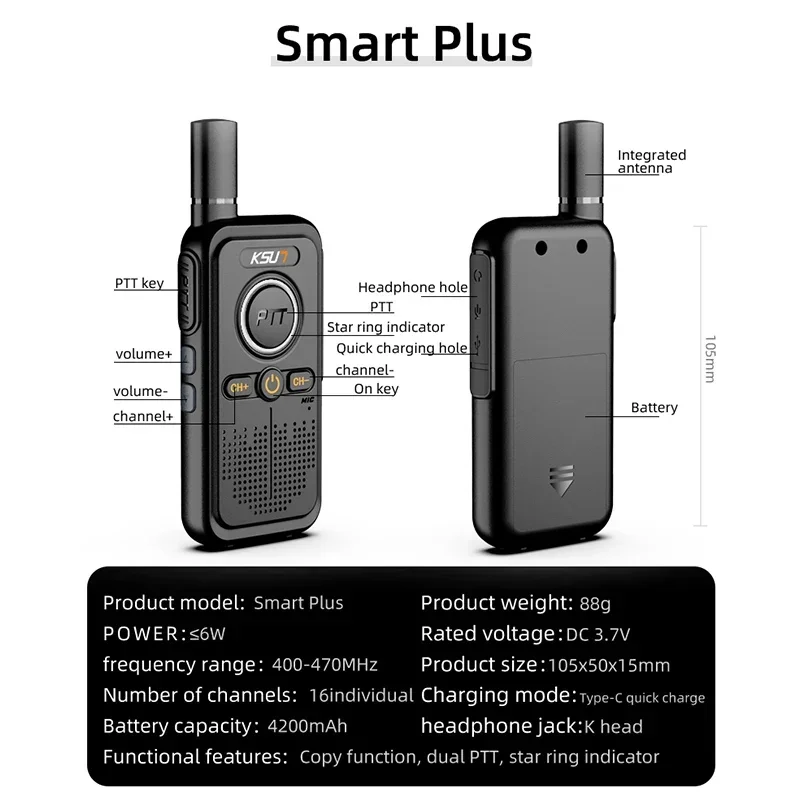 KSUN Lintop Plus,Walkie Talkie,400-470mhz, Portable Two-Way Wireless,Rechargeable USB Mini Slim 2PCS Camping, ham radio