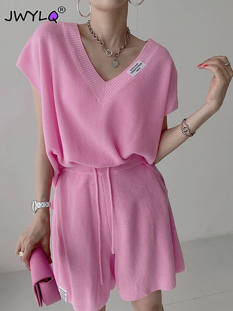 2023 Sweet V-neck Short Sleeve Pullover Sweater+drawstring Wide Leg Shorts Pink 2 Piece Sets Womens Loose Streetwear Shorts Sets