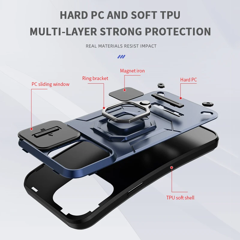 Bananq Slide Lens Camera Phone Case For iPhone 15 14 Plus 13 Pro Max Shockproof Magnetic Ring Stand Armor Back Cover_voghion.com