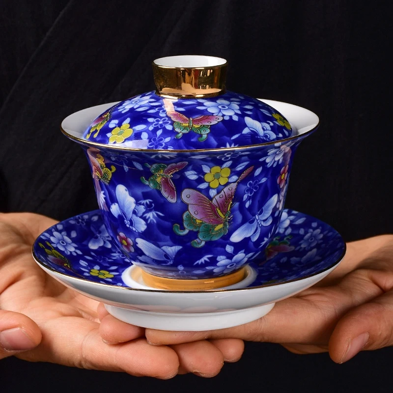 

180ml Blue and White Ceramic Gaiwan Teacup Exquisite Enamel Tea Tureen Chinese Household Porcelain Teaware Travel Personal Cup