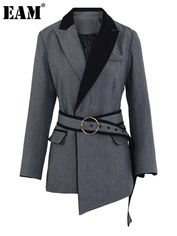 

[EAM] Women Gray Belted Irregular Elegant Blazer New Lapel Long Sleeve Loose Fit Jacket Fashion Tide Spring Autumn 2024 1LD1044