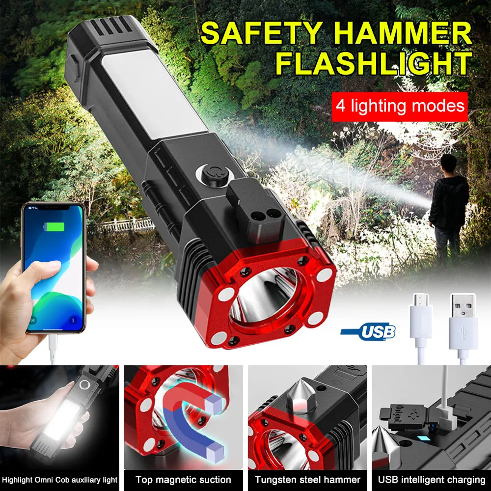 

Safety Hammer Flashlight USB Rechargeable LED Self-rescue Broken Window Lamp Built-in 1200 mAh Battery Outdoor Survival Tool