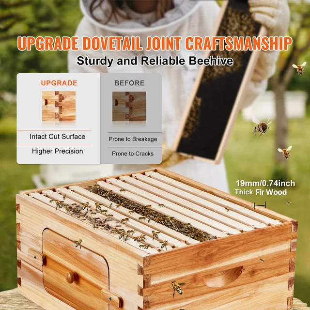 SucceBuy Bee Hive Deep Box Starter Kit 100% Beeswax Coated Natural Cedar Wood Langstroth Beehive Kit Transparent Acrylic