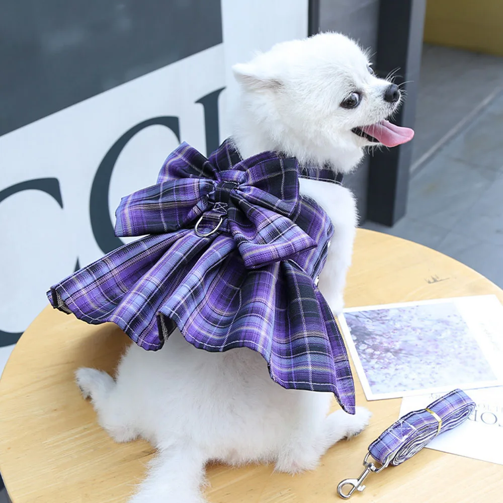 Pet Clothes Dog Skirt Harness Leash Set Cute Plaid Puppy Princess Dress with Bowknot No Pull Vest Harness for Small Dogs Cats