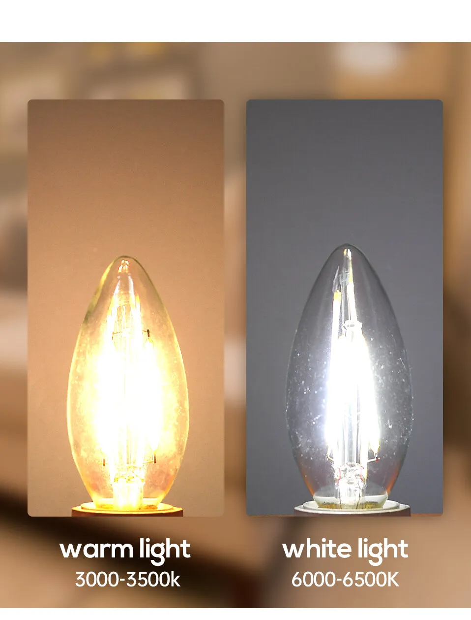 Description Picture 4 of itemDimmable E14 LED Filament Bulb Edison Retro Candle Light 4W/6W Warm/Cold White AC220-240V 360 Degree C35 Chandelier Lamp