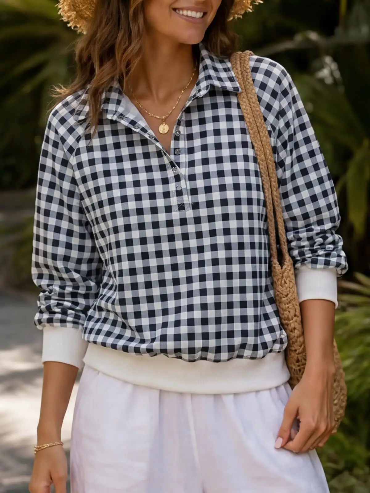 2026 Women Black White Gingham Blouse Lapel Collar Half Button Lantern Long Sleeve Loose Casual Plaid Shirt Tops
