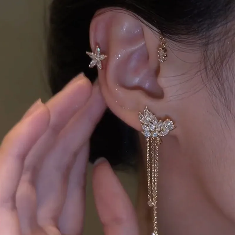 Shiny Zircon Butterfly Ear Cuff Gold Color Tassel Clip On Earrings For Women Korea Style Flower Earring Without Piercing Jewelry