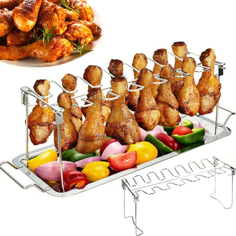 

14 Slots Stainless Steel BBQ Beef Chicken Leg Wing Grill Rack Barbecue Drumsticks Holder Smoker Oven Roaster Stand with Drip Pan