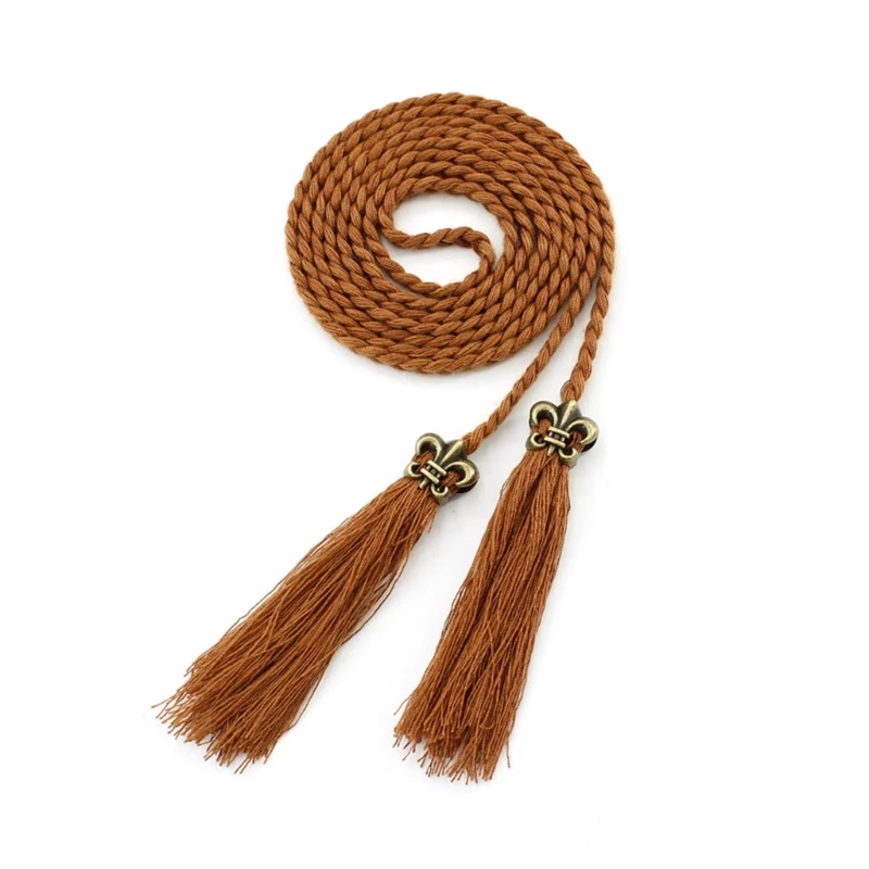 

M89E Handmade Braided Women Waist Belt Vintage Thin Bohemian Belts with Tassels Decors Decorative Women Dress Waist Belt