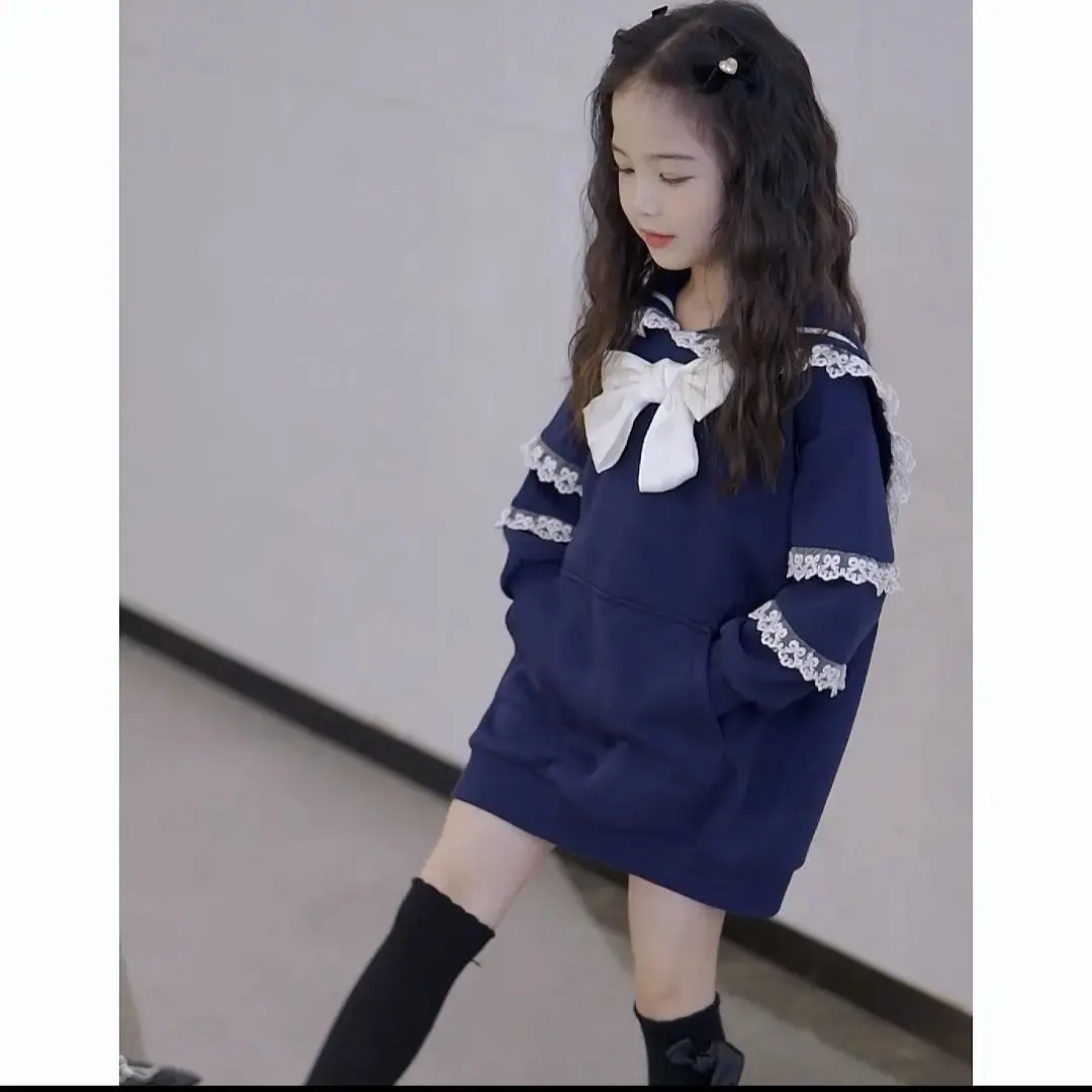

Girls' autumn long-sleeved sweater dress New western style sweet college style lace navy collar sweater