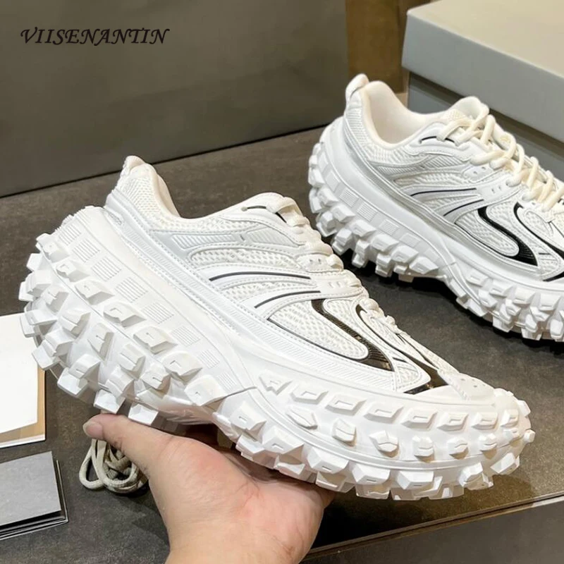 

Retro Casual Sneakers Shoes for Women and Men Thick Tyre Undersole Black Silver Real Leather Dad Shoes Hiking Runing Shoes