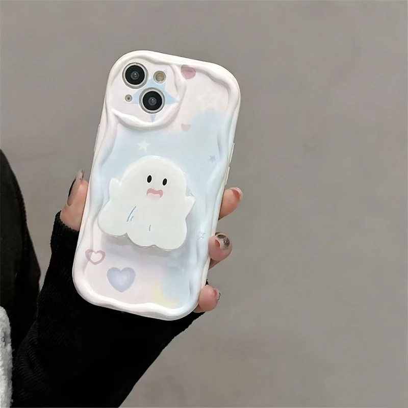 White Ghost Stand Holder Wave TPU Soft Phone Case
