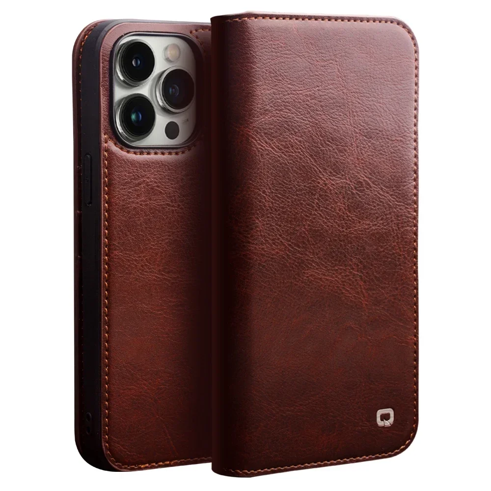 

Original QIALINO Prenium Genuine Leather Flip Case for iPhone 15 14 Pro Max 13 12 Handmade Bracket Card Slot Holder Wallet Cover