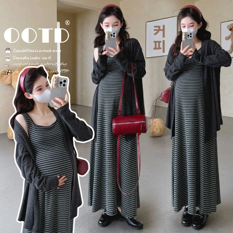 봄 패션 임산부용 긴팔 오픈 가디건 드레스 투피스 세트 슬리밍 레이지 스타일 한국 버전 임부복