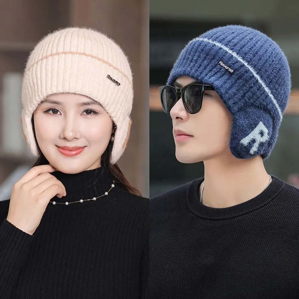 

With Earflap Beanies Hats Fashion Cold-proof Plush Lined Ear Protection Hats Knitted Cap Winter Warm