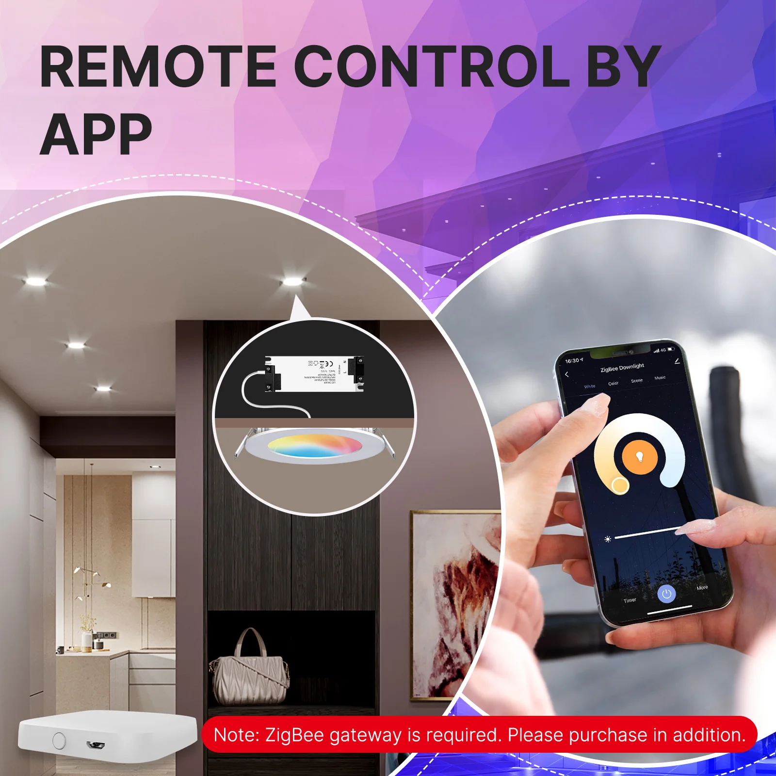 MOES ZigBee 다운라이트 투야 얇은 디밍 스폿 램프, RGB 변화, 따뜻한 쿨 라이트, 알렉사 구글 홈, 스마트 라이프, 파티에서 작동, 6W