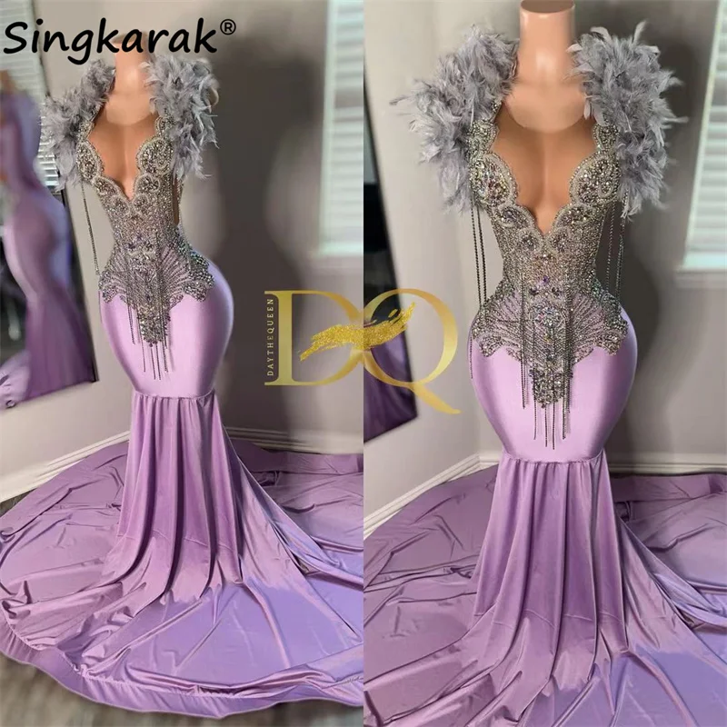 

Purple Lavender Prom Dress For Black Girl Glitter Beads Crystals Rhinestones Feathers Robe De Bal Birthday Party Evening Gown