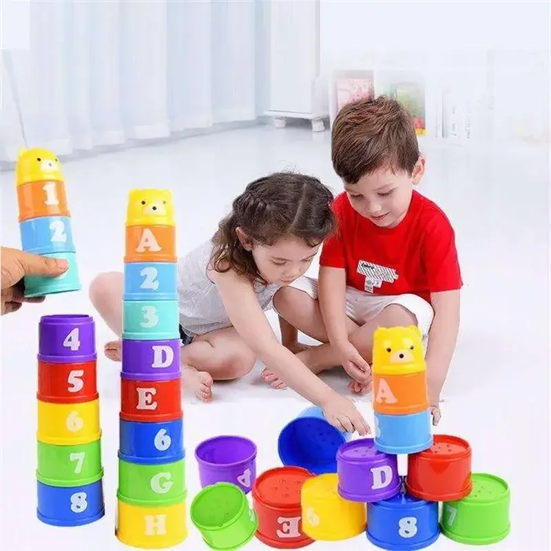 9PCS/Set Baby Intelligence Early Education Alphanumeric Rainbow Bear Folding Tower Building Block Stacking Cup Toy educational toys stacking puzzle toys cup stacking toys stacking toys Children Gift