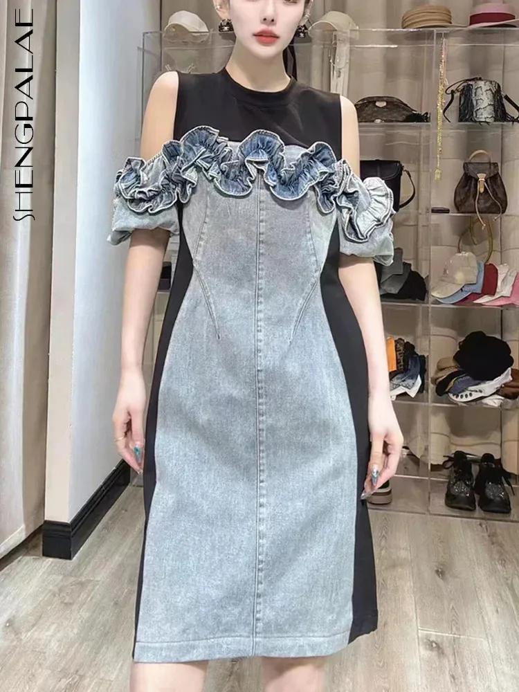 

Женское джинсовое платье с открытыми плечами SHENGPALAE, элегантное ТРАПЕЦИЕВИДНОЕ ПЛАТЬЕ С Коротким Рукавом и цветочным принтом, Y2k одежда на лето 2024