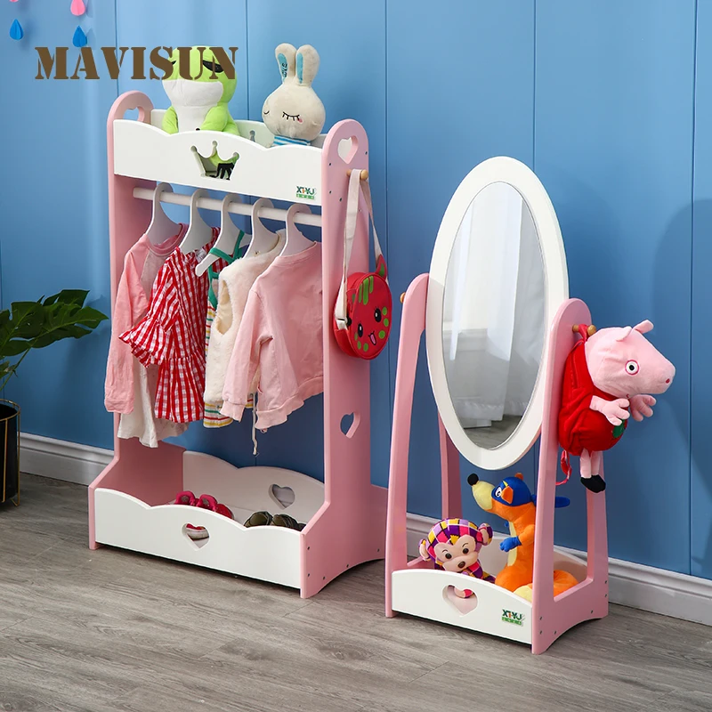 Children's Room Hanger Floor Solid Wood Dressing Mirror Bedroom Cartoon Ins Wind Kindergarten Coat Rack