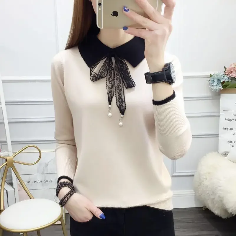 

Autumn Winter Polo-neck Elegant Fashion Lace Up Sweater Bandage All-match Jumper Top Women Bottoming Knitting Pullover C49