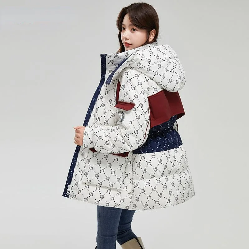 2023 New Women Down Jacket Winter Coat Female Warm Thick Parkas Loose Outwear Mid Length Version Cartoon Hooded Overcoat S-XL