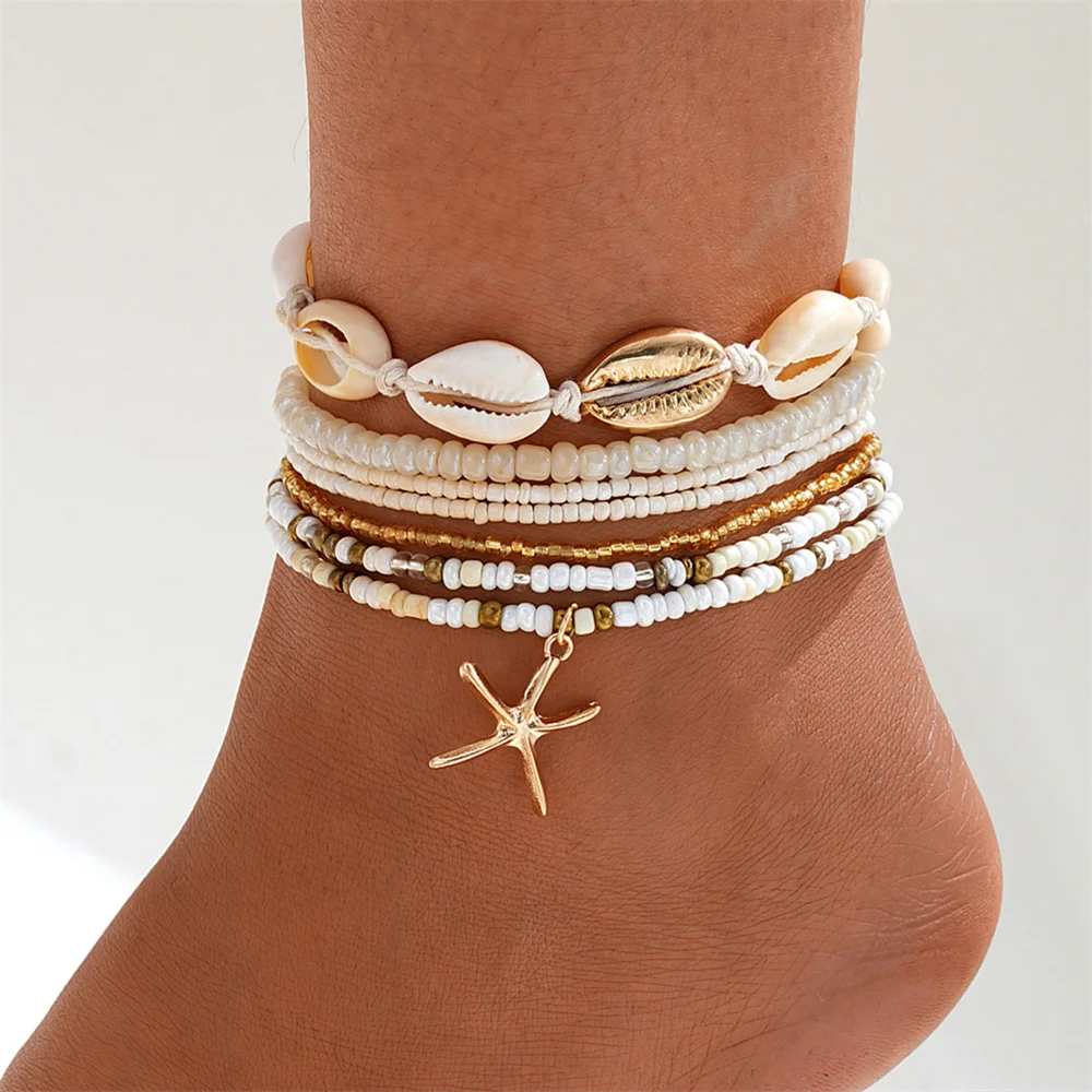 Summer Beach Starfish Crushed Stone Chain Anklet Set For Women Shell Charm Ankle Bracelet On The Leg Handmade Fashion Jewelry ankle chains silver anklet bracelet beads anklet fashion accessories