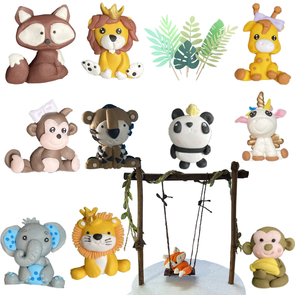 

various Kind Jungle Forest Safari Animals Cake Toppers Material Soft Clay Handmade Cake Decor Tiger Lion Fox Giraffe Monkey