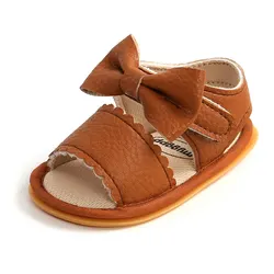 Summer Infant Soft Sole Bowknot Sandals - Anti-Slip First Walker Shoes - 12-18 months (Reddish Brown)