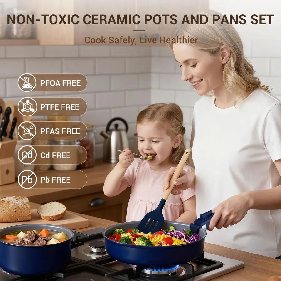 18Piece Ceramic Pots and Pans Set Non Stick, Non Toxic Cookware Set with Removable Handles, Pot Sets for Cooking, Induction Read