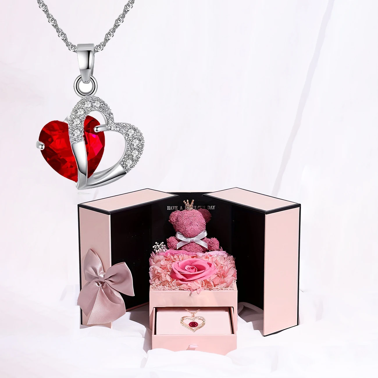 

Ожерелье с подвеской в виде сердца из красного циркона с роскошным милым медведем в подарочной коробке для жены 2024 Новинка в горячих романтических подарках