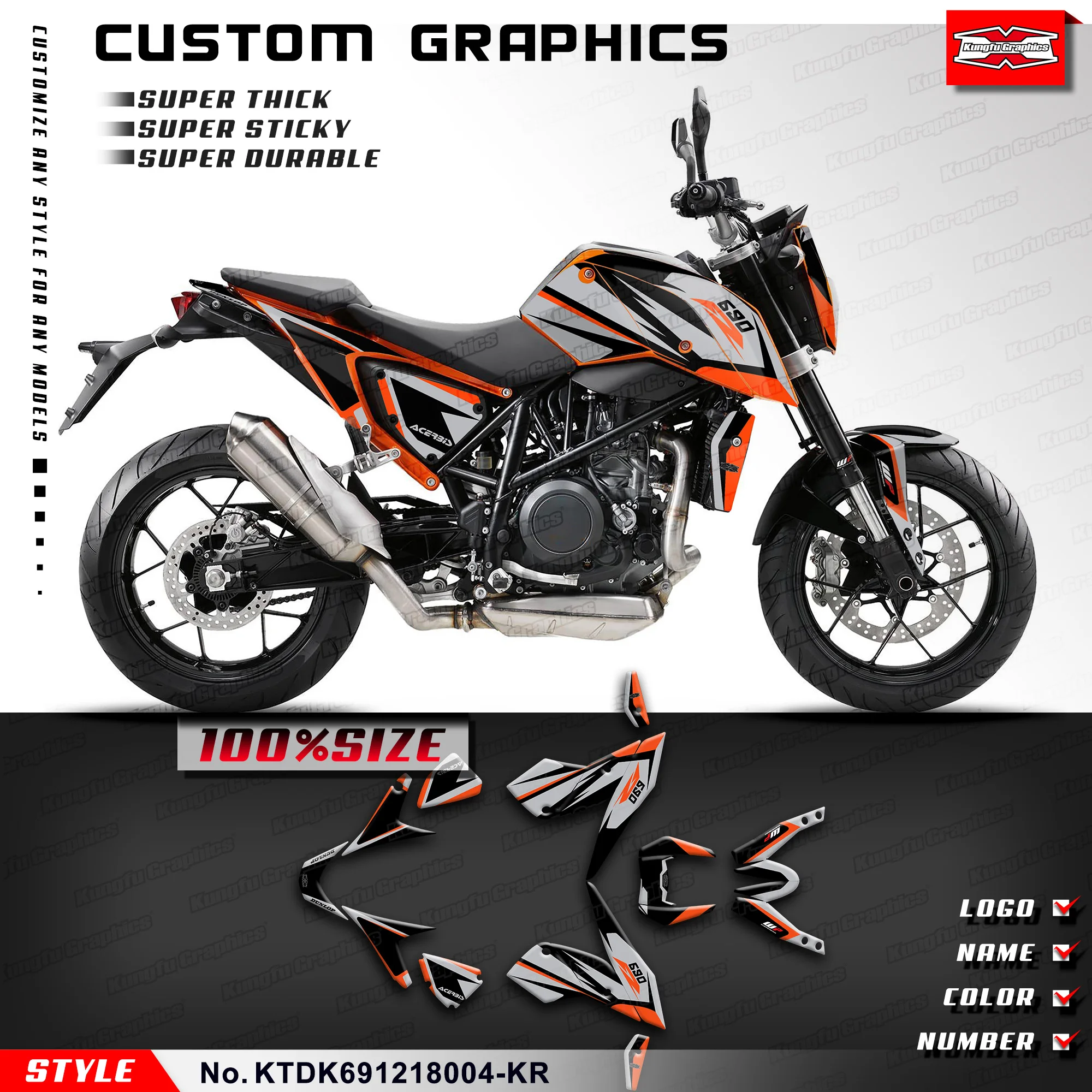 

Набор наклеек KUNGFU GRAPHICS Supermoto для Duke 690 2012 2013 2014 2016 2017 2018 , KTDK691218004-KR
