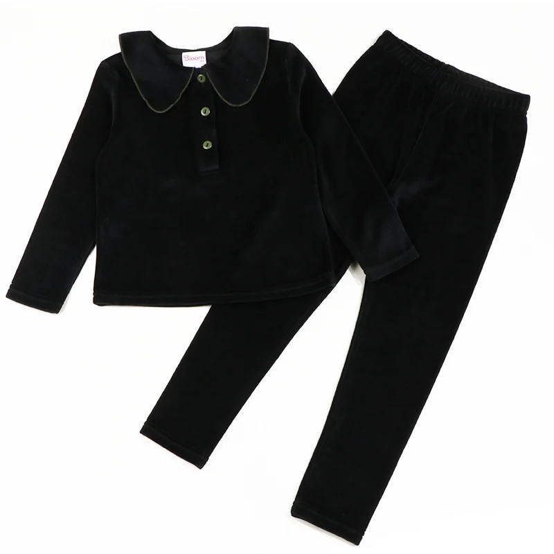 Winterkleidung für Babys und Kinder, Baby-Mädchen Winter 2-teiliges Set, Kinderhosen, Mädchenkleidung, Schwarzer Velours mit grünem Kragen